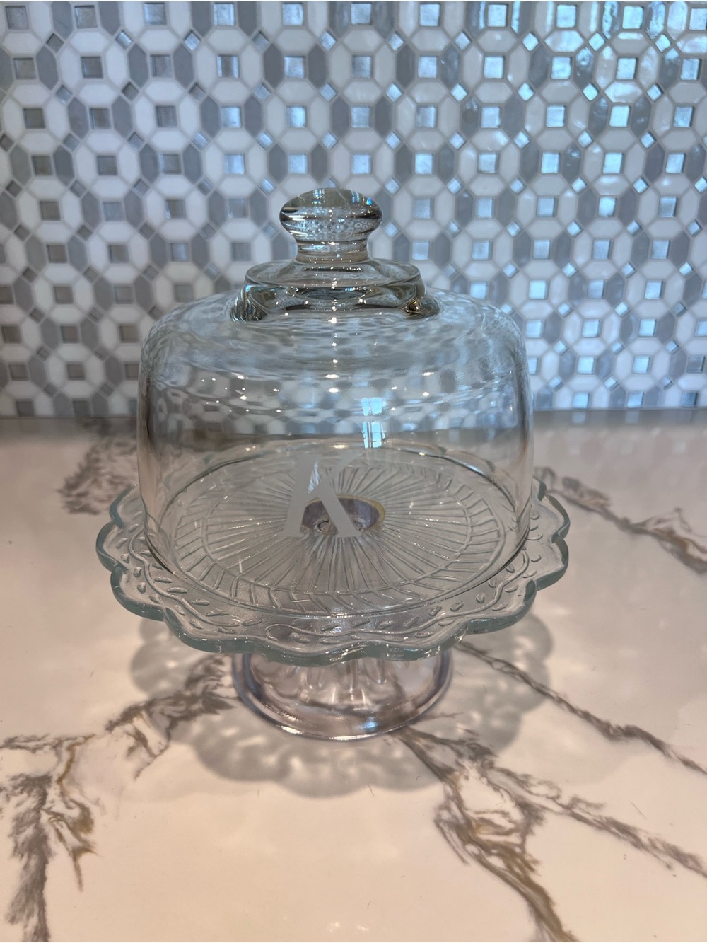 Mini Glass Cake Stand w/ Frosted Letter K Initial Lid Cover
